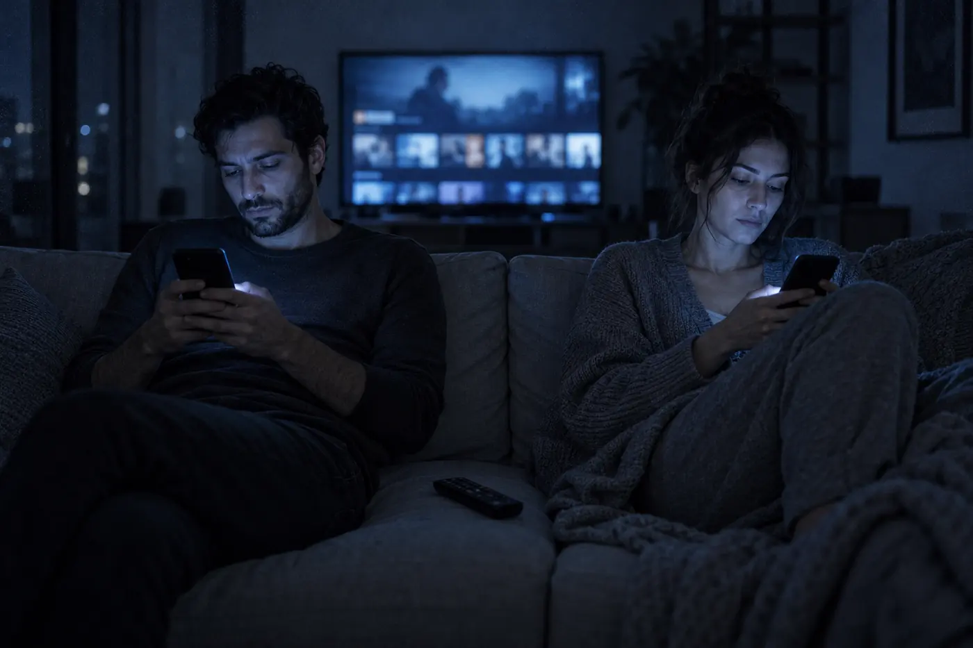 Una coppia sul divano, ognuno con il proprio telefono